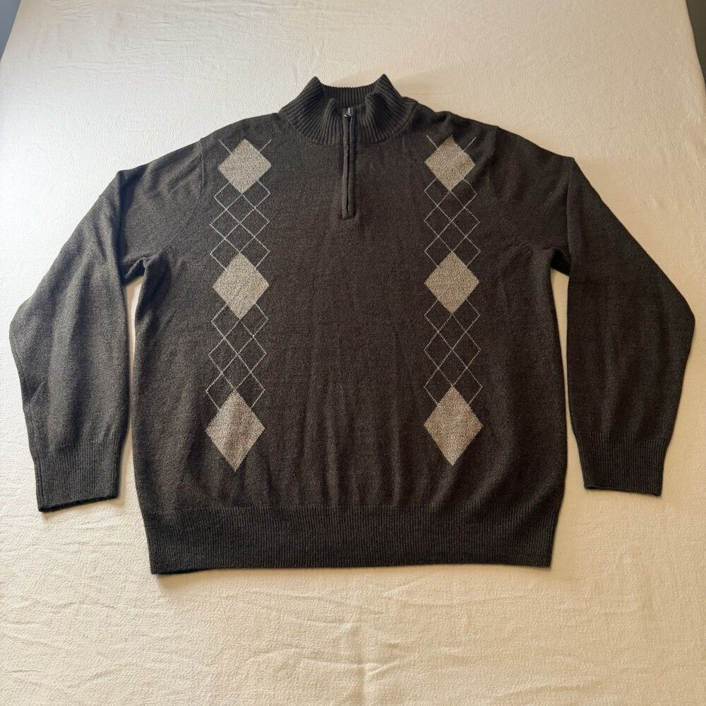 Geoffrey Beene Quarter Zip Sweater Men’s L Brown Argyle Soft Knit Pullover